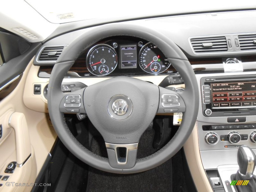 2013 Volkswagen CC VR6 4Motion Executive Desert Beige/Black Steering Wheel Photo #77643633