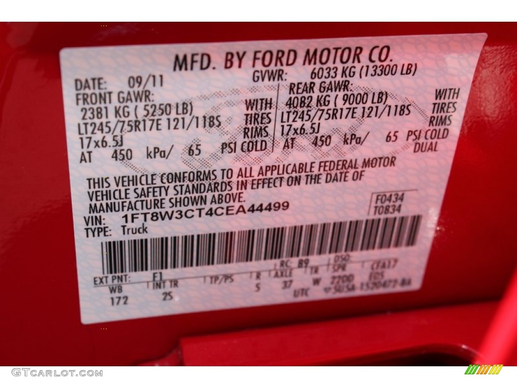 2012 F350 Super Duty Color Code F1 for Vermillion Red Photo #77644350