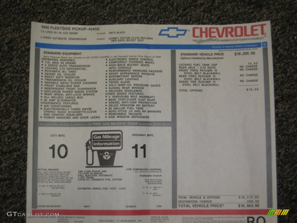1990 Chevrolet C/K C1500 454 SS Window Sticker Photo #77657895