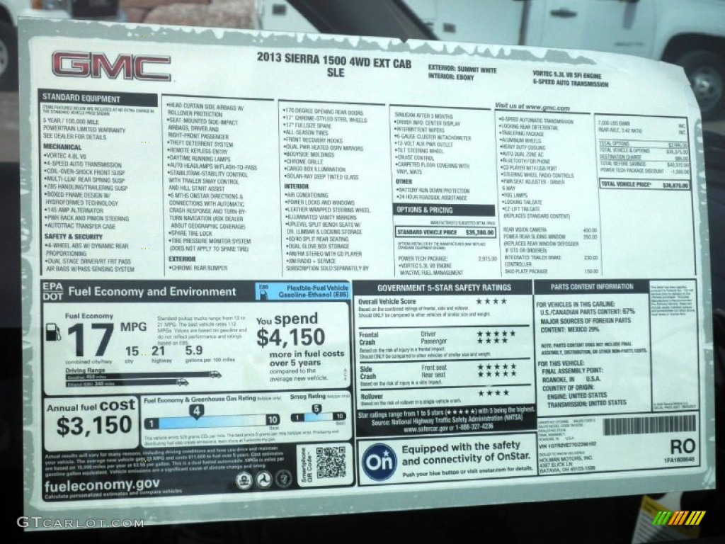 2013 GMC Sierra 1500 SLE Extended Cab 4x4 Window Sticker Photo #77666548