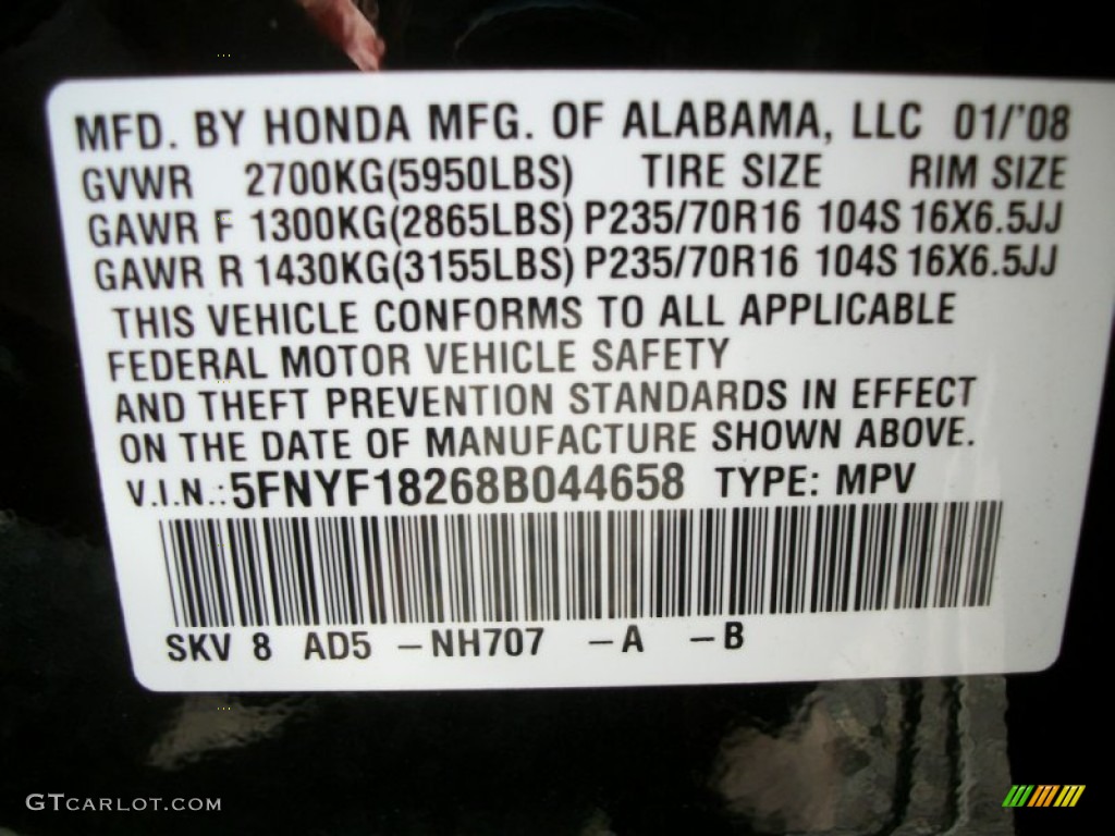 2008 Honda Pilot Value Package 4WD Color Code Photos