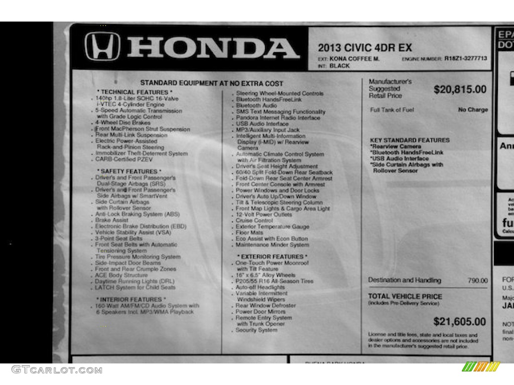 2013 Honda Civic EX Sedan Window Sticker Photo #77682357
