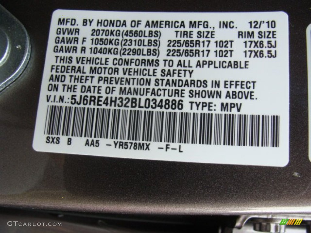 2011 Honda CR-V LX 4WD Color Code Photos