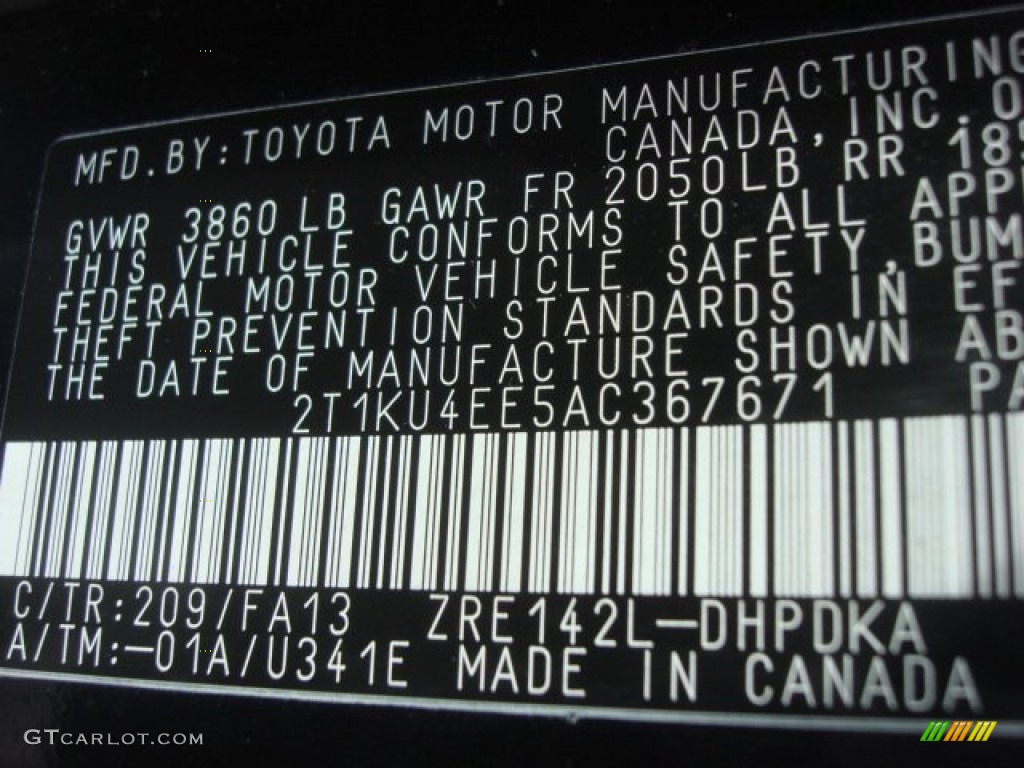 2010 Toyota Matrix 1.8 Color Code Photos