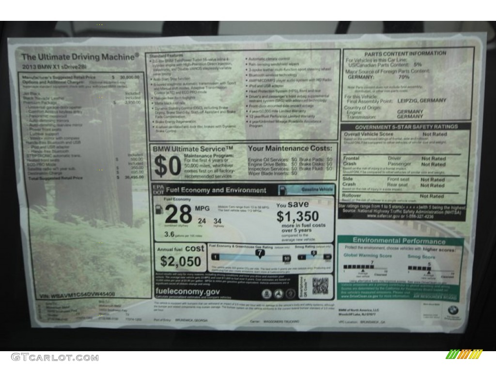 2013 BMW X1 sDrive 28i Window Sticker Photo #77689583
