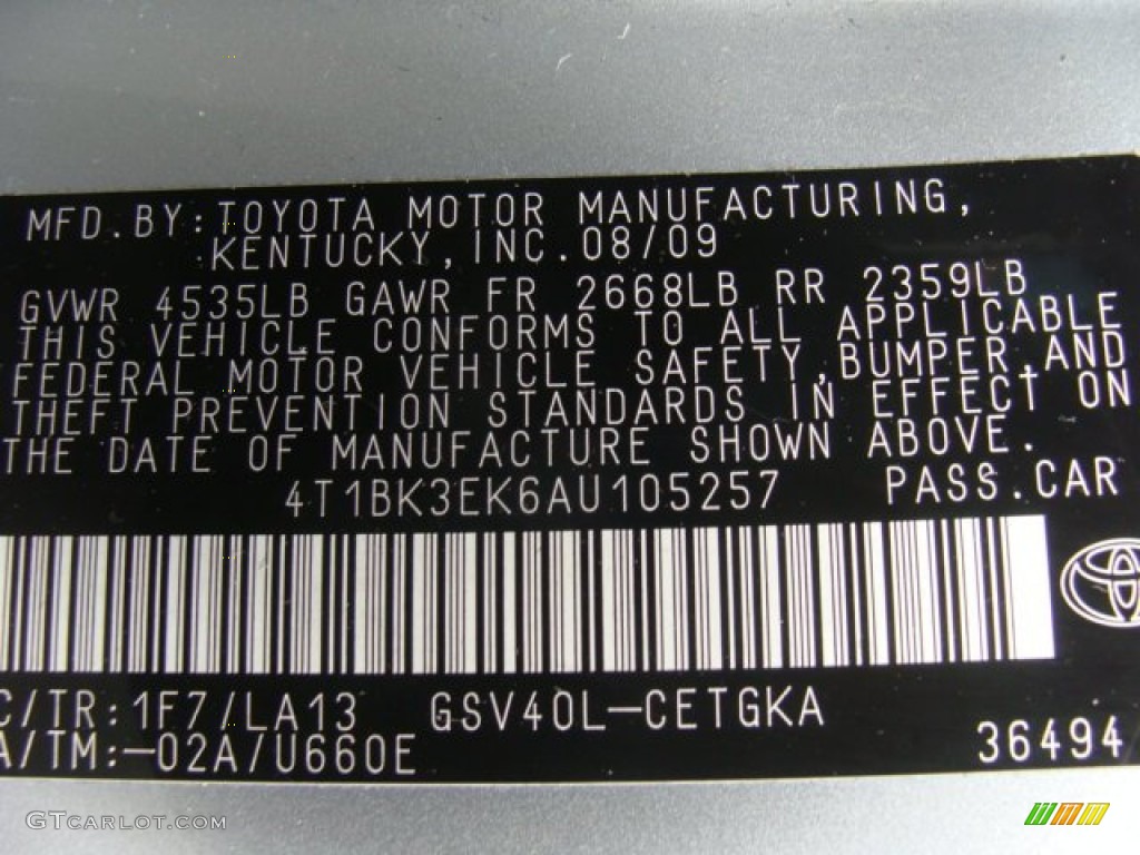 2010 Camry Color Code 1F7 for Classic Silver Metallic Photo #77695761