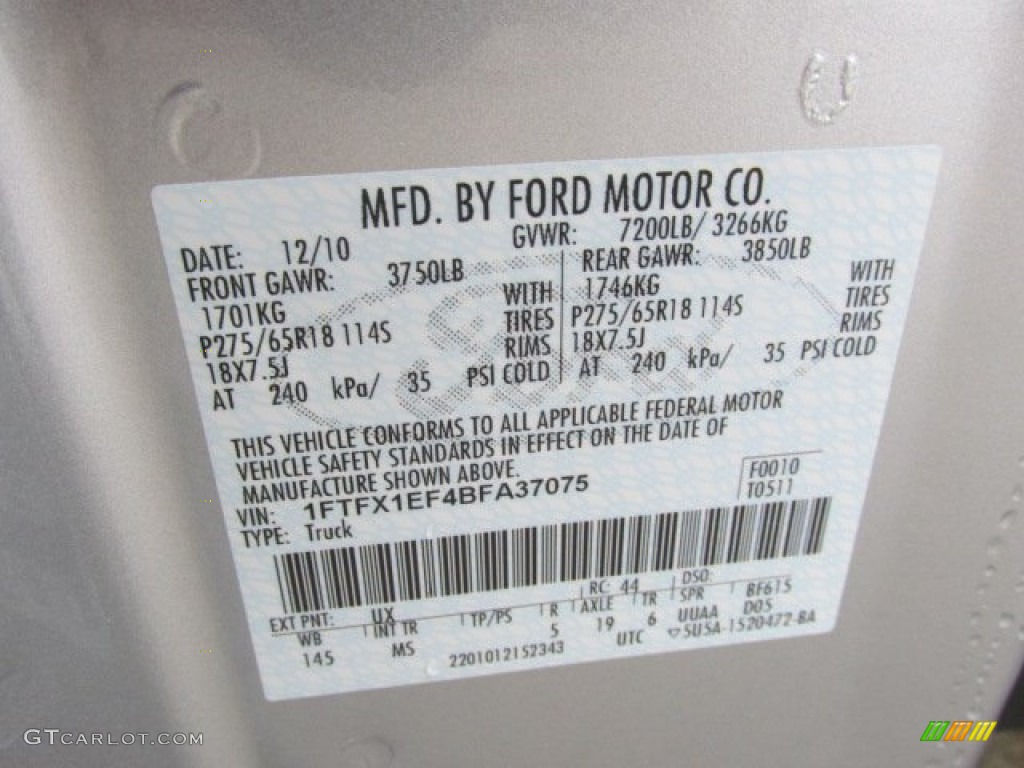 2011 Ford F150 XLT SuperCab 4x4 Color Code Photos