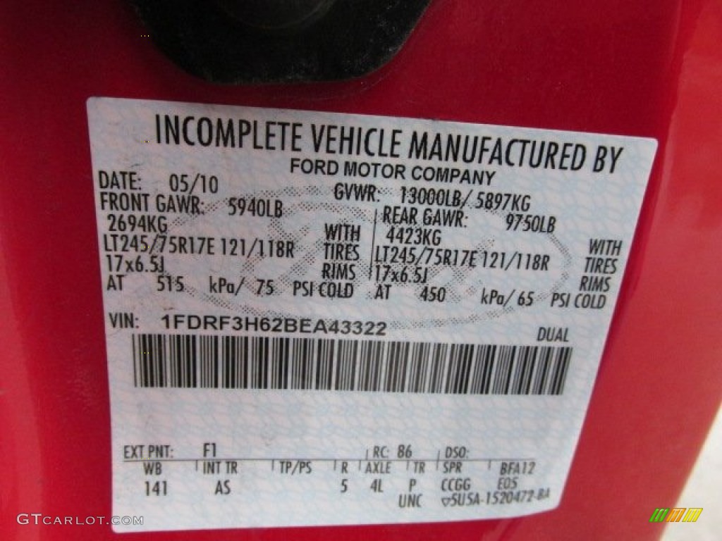 2011 F350 Super Duty Color Code F1 for Vermillion Red Photo #77705598