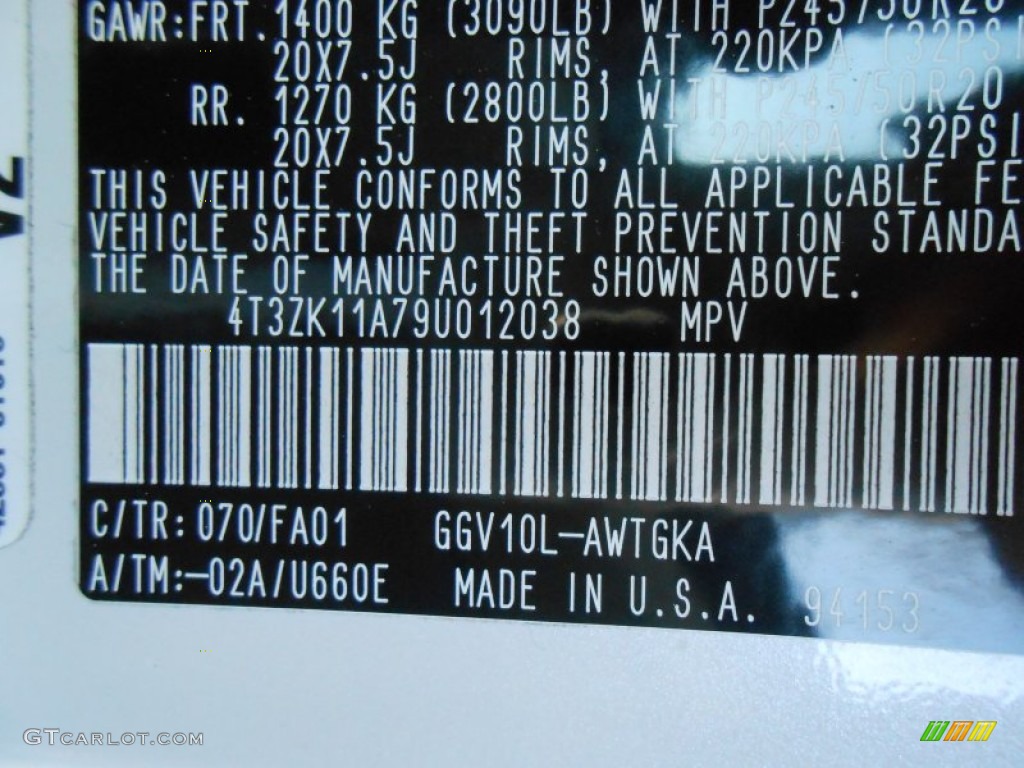 2009 Toyota Venza V6 Color Code Photos