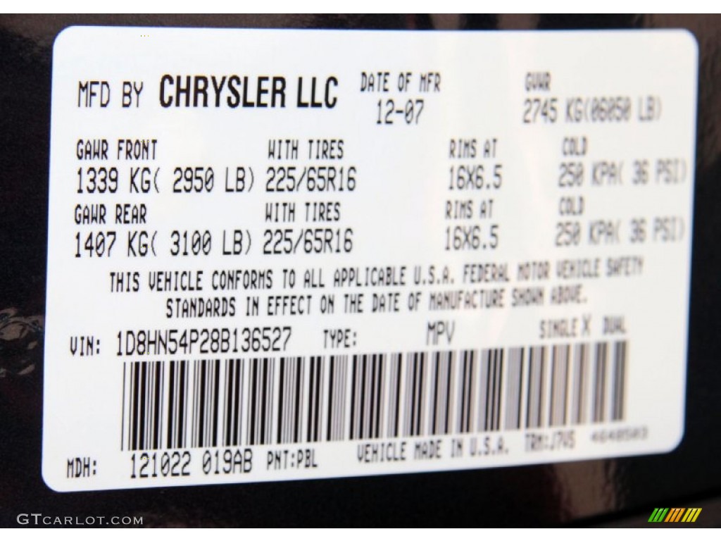 2008 Dodge Grand Caravan SXT Color Code Photos