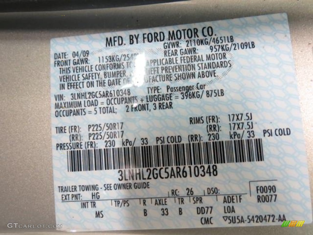 2010 MKZ Color Code HG for Smoke Stone Metallic Photo #77720285