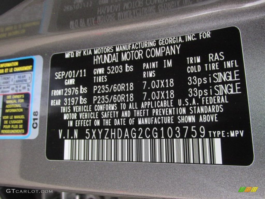 2012 Hyundai Santa Fe SE V6 AWD Color Code Photos