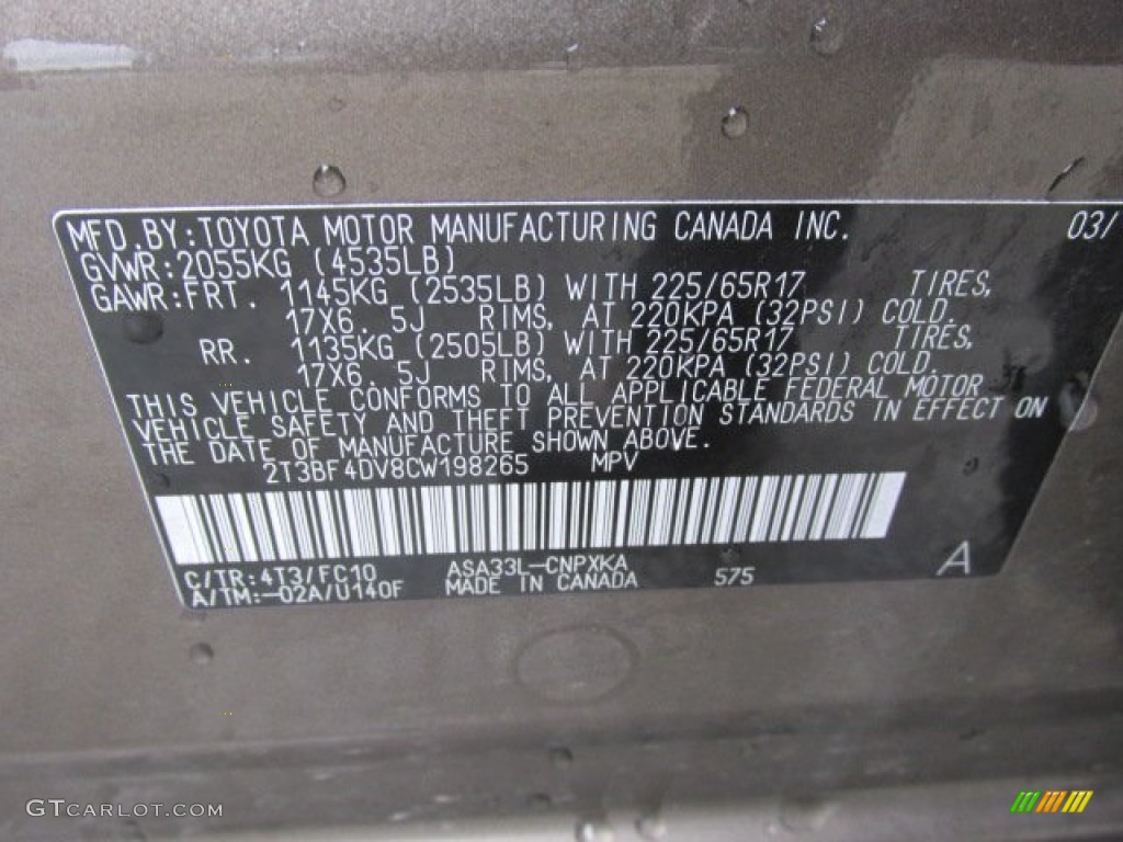 2012 RAV4 Color Code 4T3 for Pyrite Mica Photo #77742508