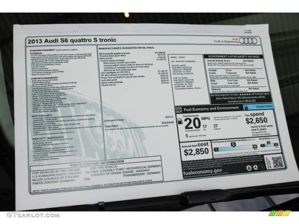 2013 Audi S6 4.0 TFSI quattro Sedan Window Sticker Photo #77752407