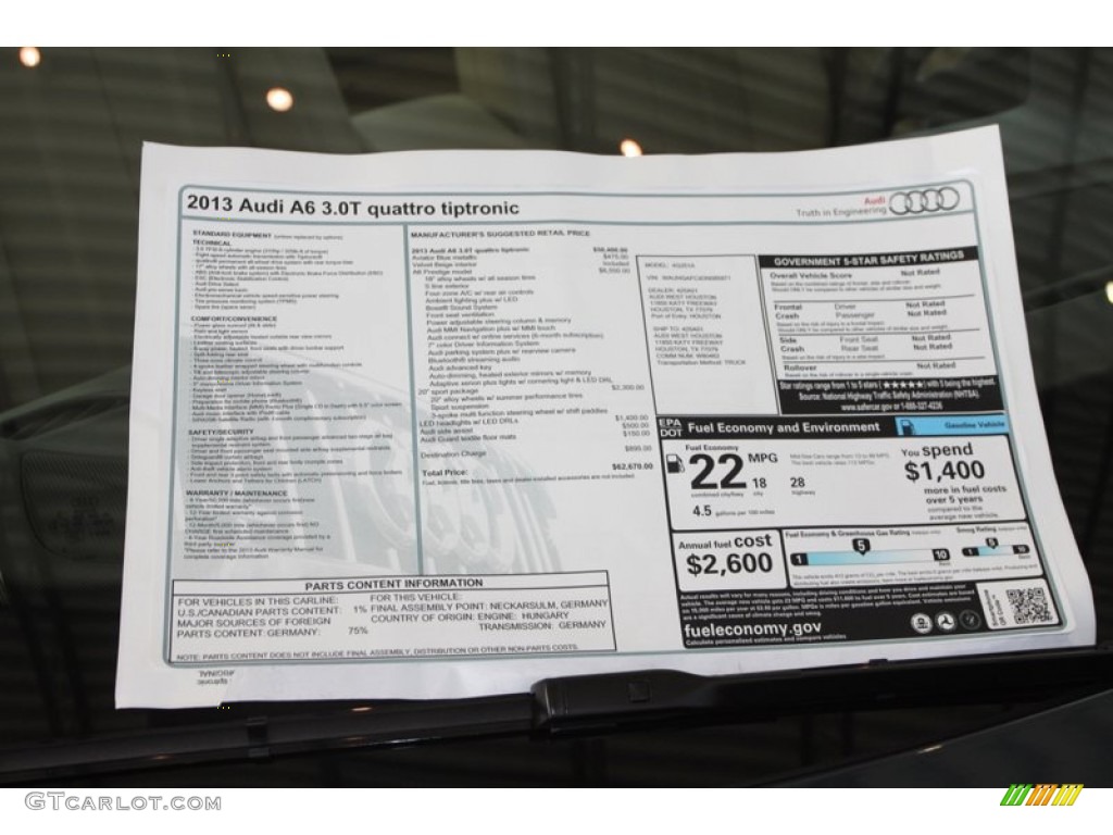 2013 Audi A4 2.0T quattro Sedan Window Sticker Photo #77753781