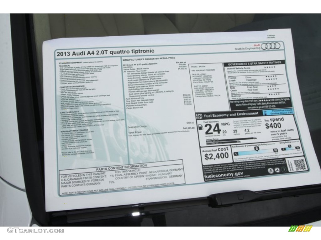 2013 Audi A4 2.0T quattro Sedan Window Sticker Photo #77754264