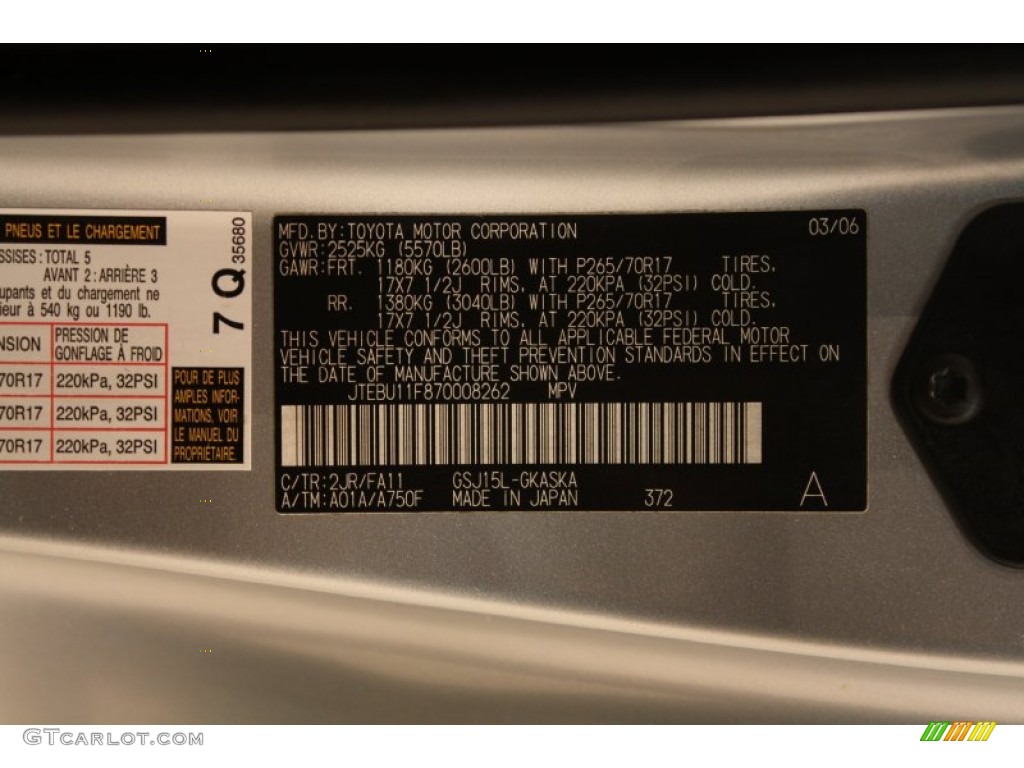 2007 FJ Cruiser Color Code 2JR for Titanium Metallic Photo #77754697