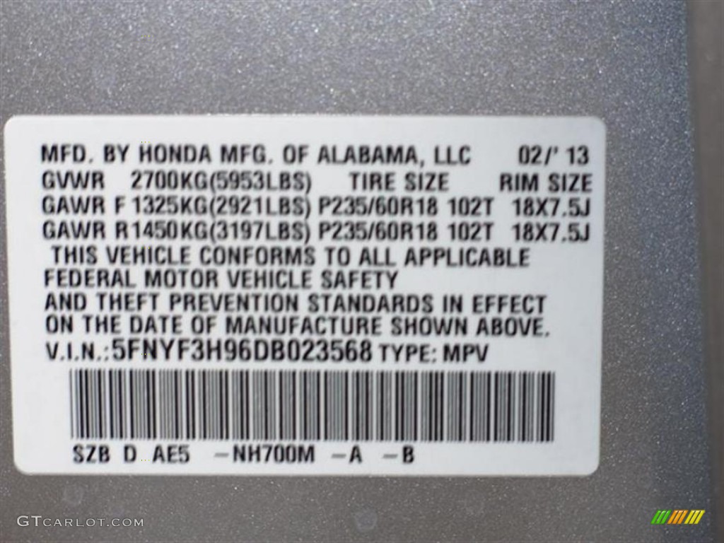 2013 Pilot Color Code NH700M for Alabaster Silver Metallic Photo #77762951