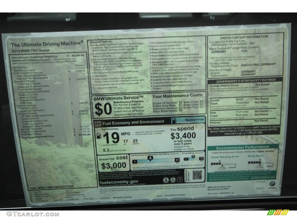 2013 BMW 7 Series 750i Sedan Window Sticker Photo #77766815
