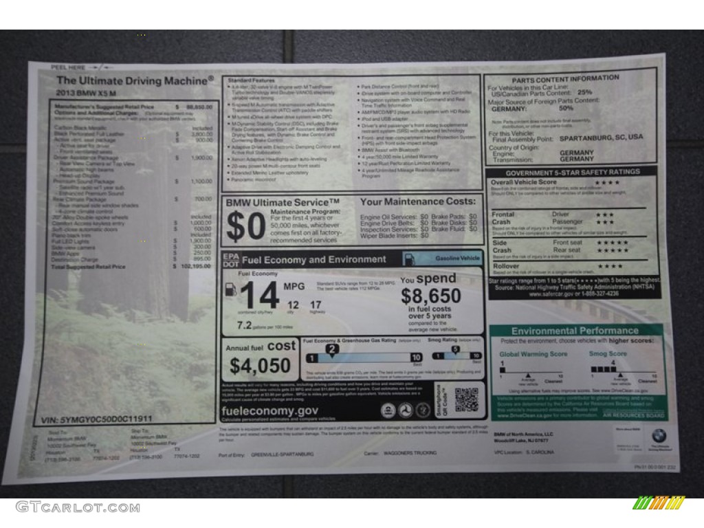 2013 BMW X5 M M xDrive Window Sticker Photo #77770460