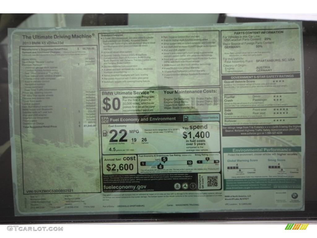 2013 BMW X5 xDrive 35d Window Sticker Photo #77771054