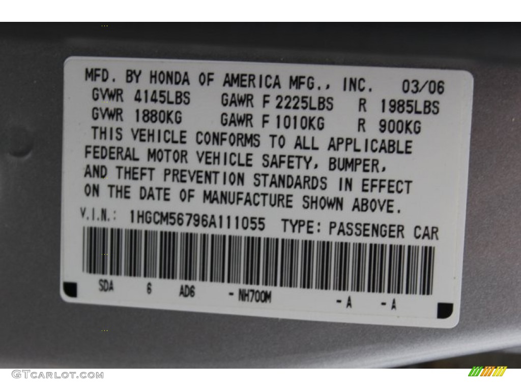 2006 Honda Accord EX Sedan Color Code Photos