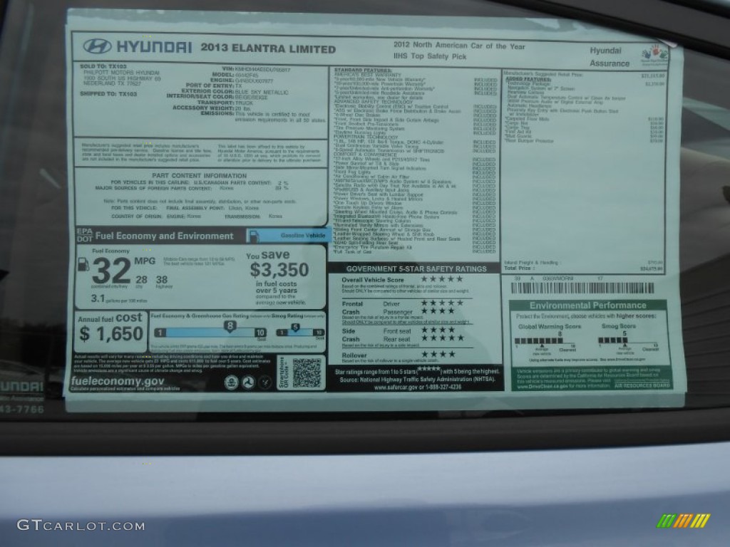 2013 Elantra Limited - Blue Sky Metallic / Beige photo #37
