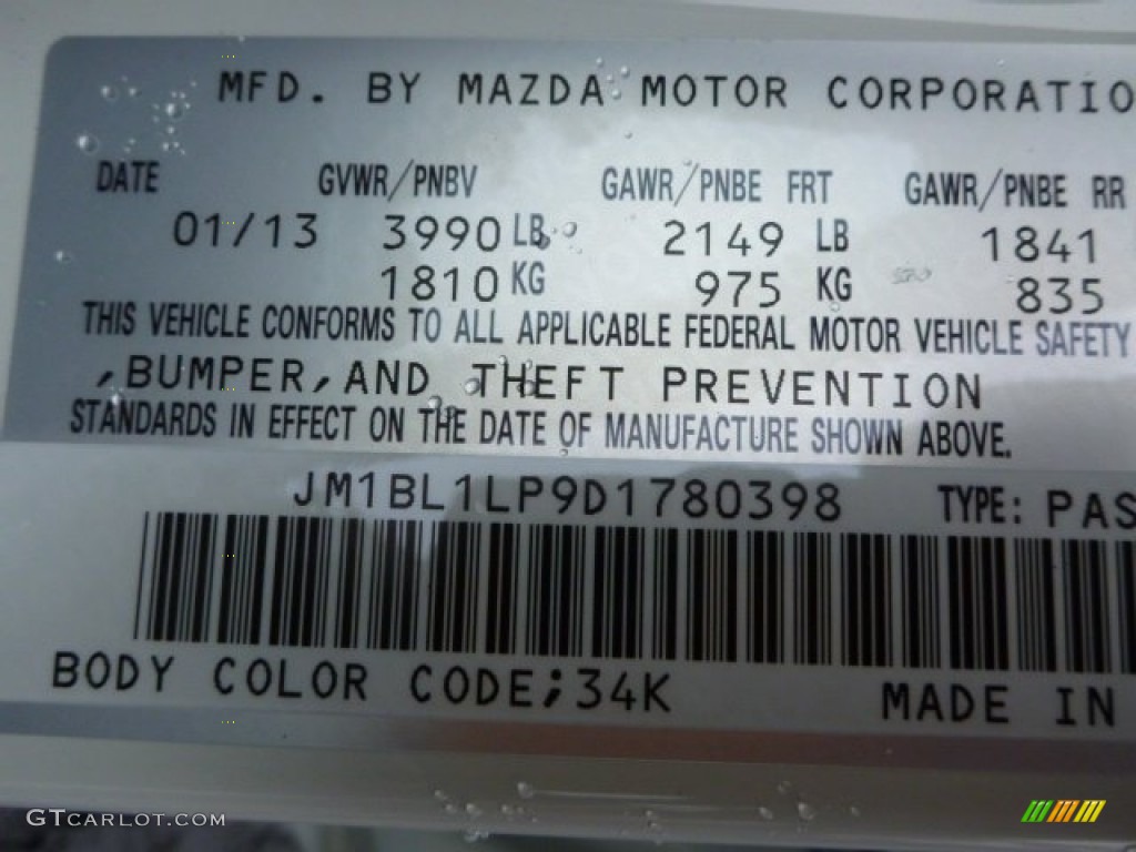 2013 MAZDA3 Color Code 34K for Crystal White Pearl Mica Photo #77813633