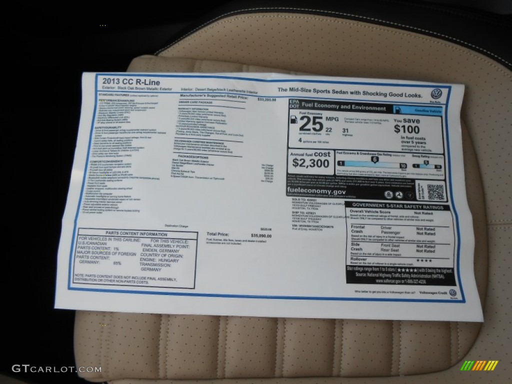 2013 Volkswagen CC R-Line Window Sticker Photo #77833482