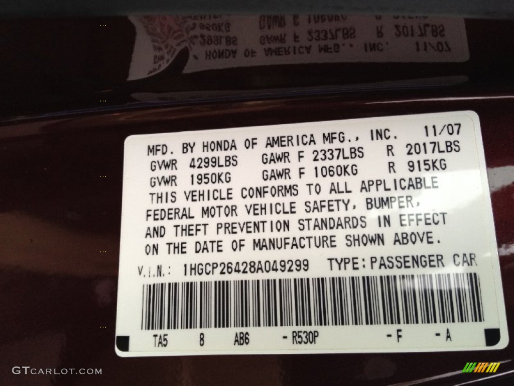 2008 Honda Accord LX-P Sedan Color Code Photos