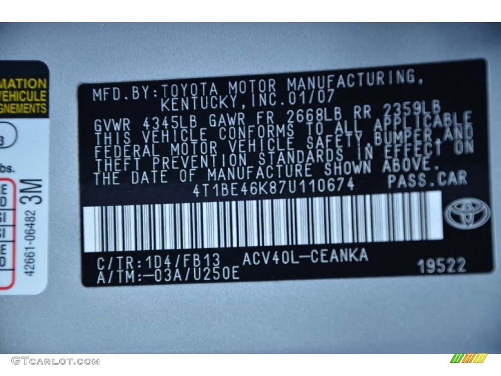 2007 Camry Color Code 1D4 for Titanium Metallic Photo #77844420