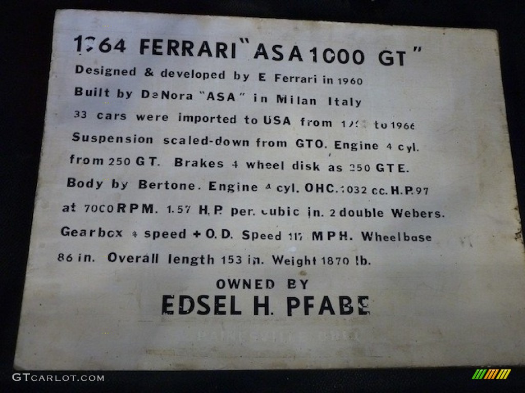 1964 ASA 1000 GT Coupe Info Tag Photo #77851449