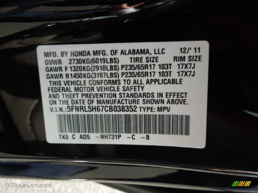 2012 Honda Odyssey EX-L Color Code Photos
