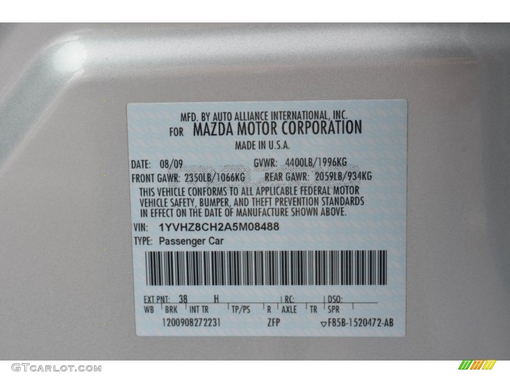 2010 MAZDA6 Color Code 38H for Brilliant Silver Metallic Photo #77856915