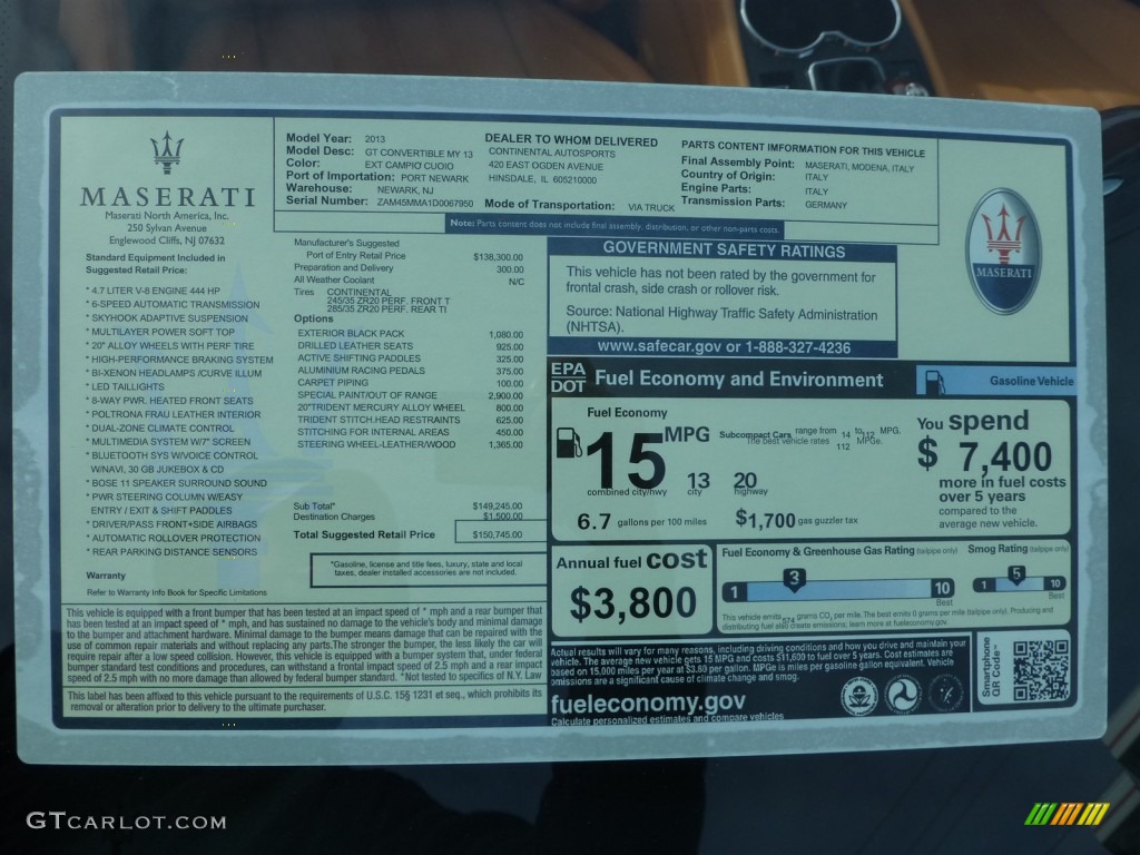 2013 Maserati GranTurismo Convertible GranCabrio Window Sticker Photo #77864241