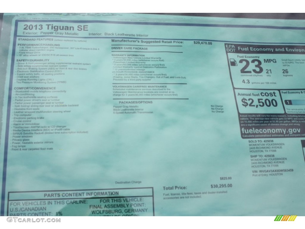 2013 Volkswagen Tiguan SE Window Sticker Photo #77872381