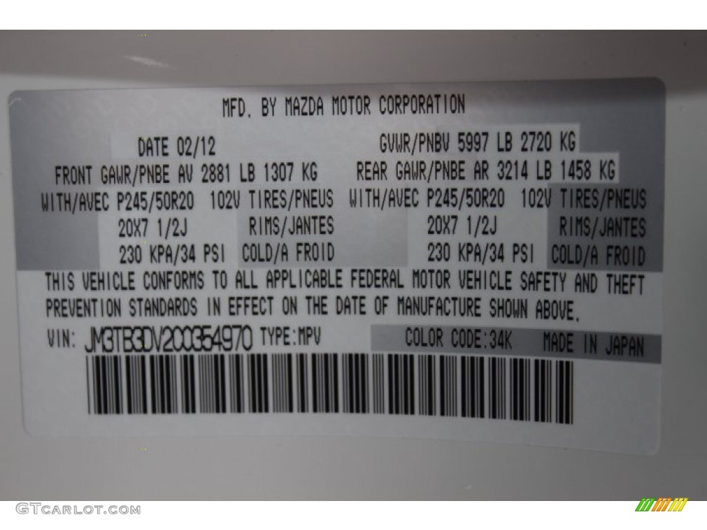 2012 CX-9 Color Code 34K for Crystal White Pearl Mica Photo #77873943
