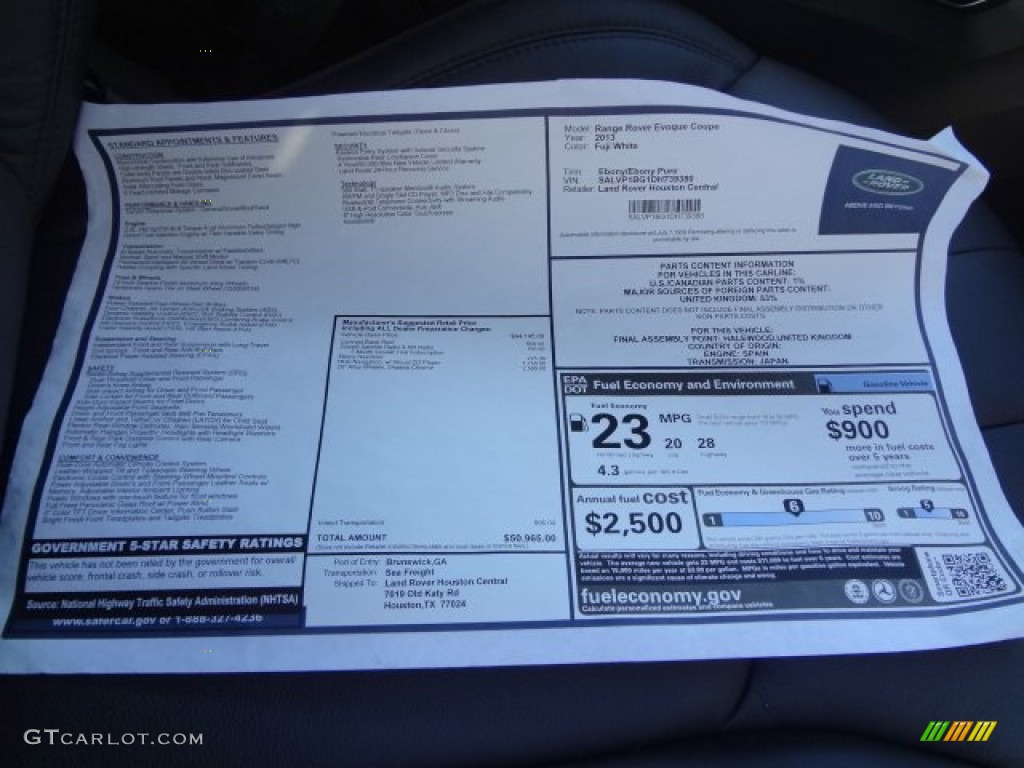 2013 Land Rover Range Rover Evoque Pure Window Sticker Photo #77879367
