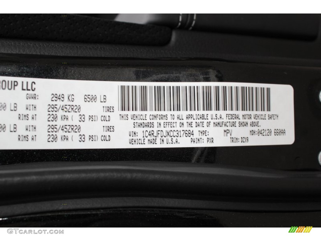 2012 Grand Cherokee Color Code PXR for Brilliant Black Crystal Pearl Photo #77879565
