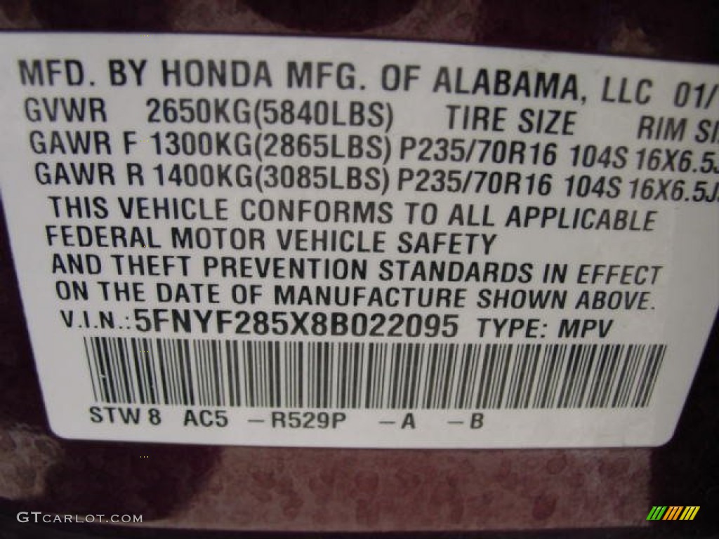 2008 Pilot Color Code R529P for Dark Cherry Pearl Photo #77900062