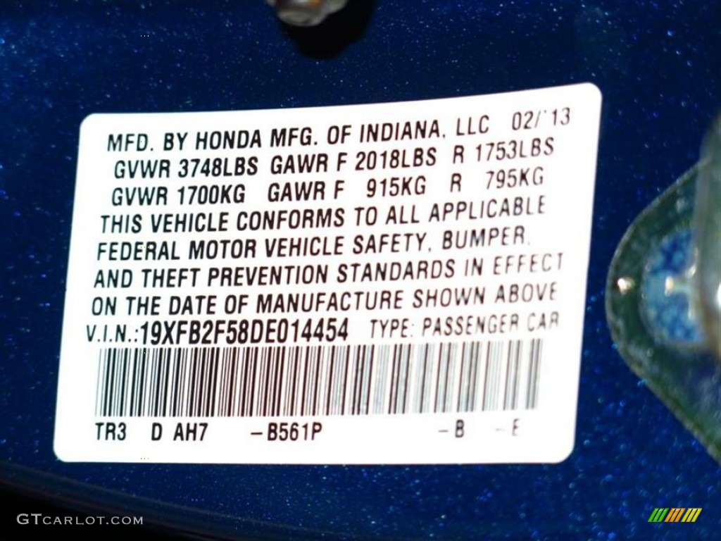 2013 Civic Color Code B561P for Dyno Blue Pearl Photo #77908522