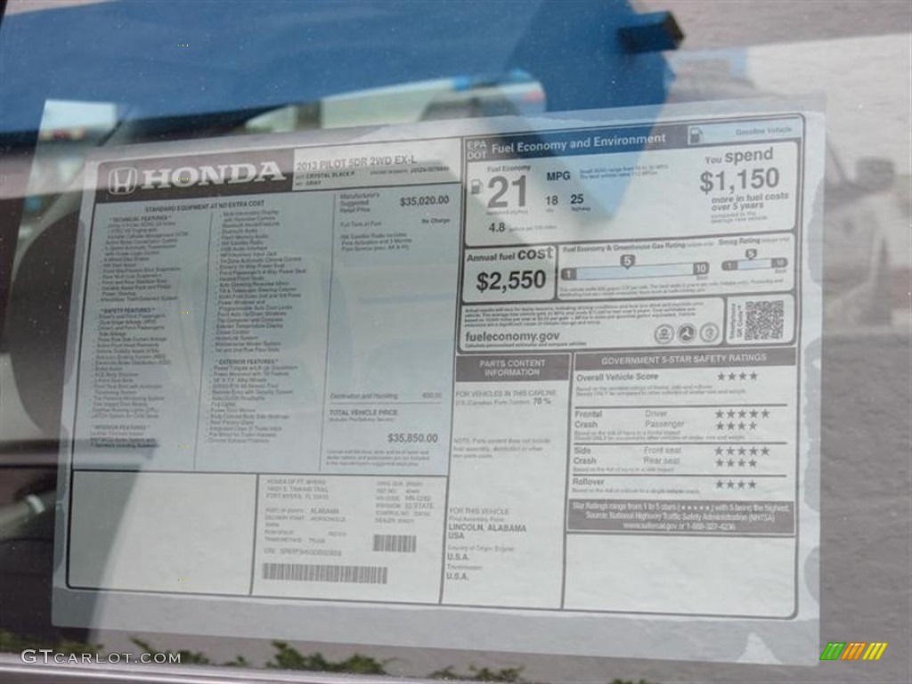 2013 Honda Pilot EX-L Window Sticker Photo #77908981