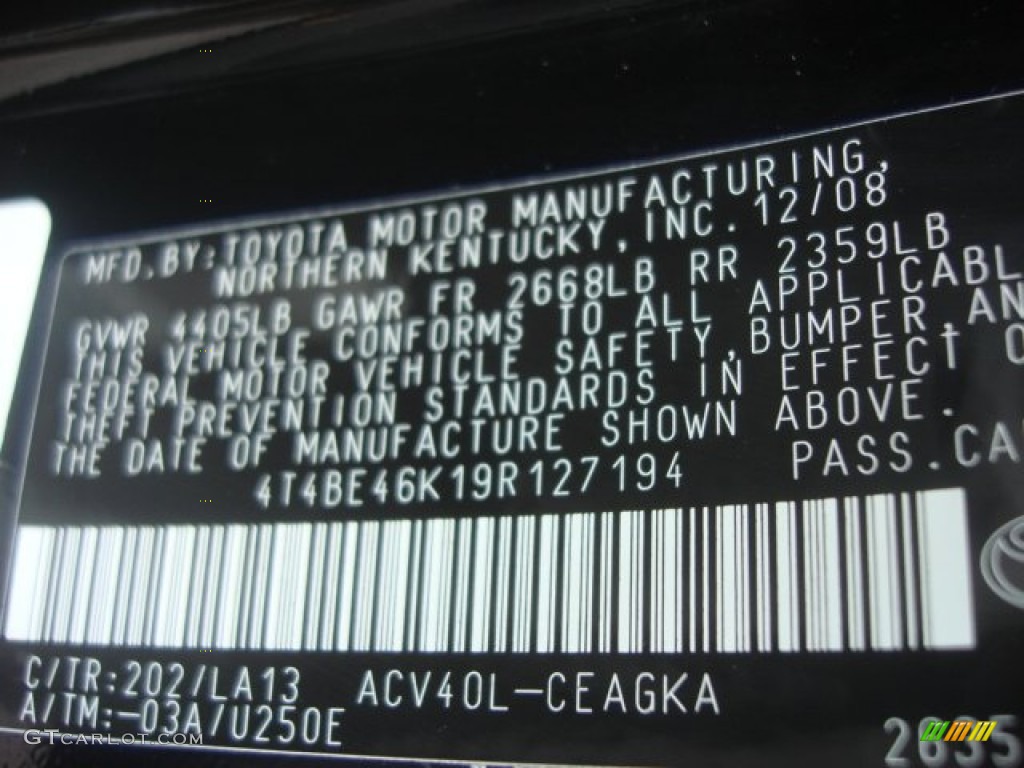 2009 Camry Color Code 202 for Black Photo #77909400