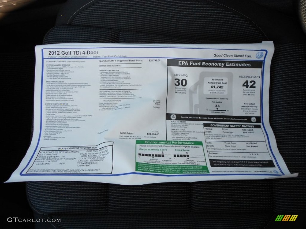 2012 Volkswagen Golf 4 Door TDI Window Sticker Photo #77911811