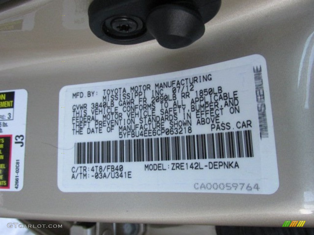 2012 Corolla Color Code 4T8 for Sandy Beach Metallic Photo #77947451