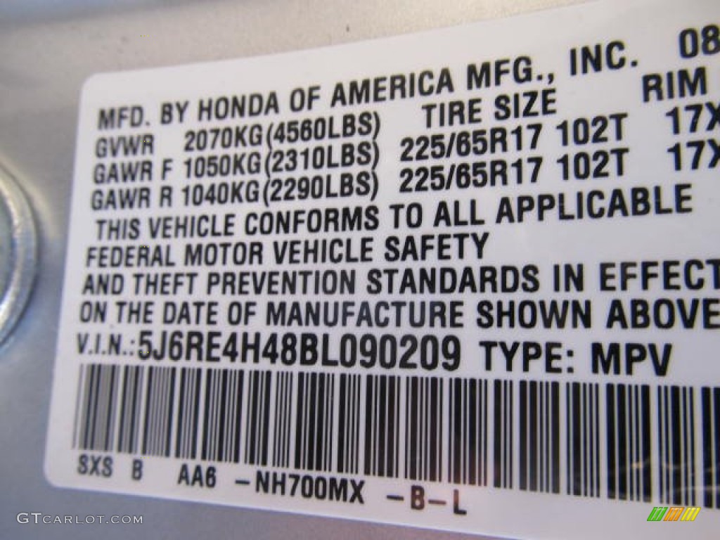 2011 Honda CR-V SE 4WD Color Code Photos