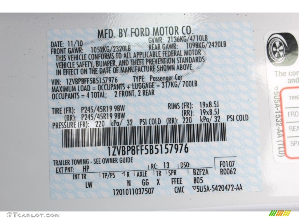 2011 Ford Mustang GT/CS California Special Convertible Color Code Photos
