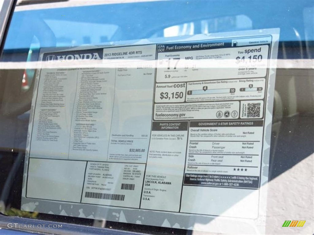 2013 Honda Ridgeline RTS Window Sticker Photo #77963617