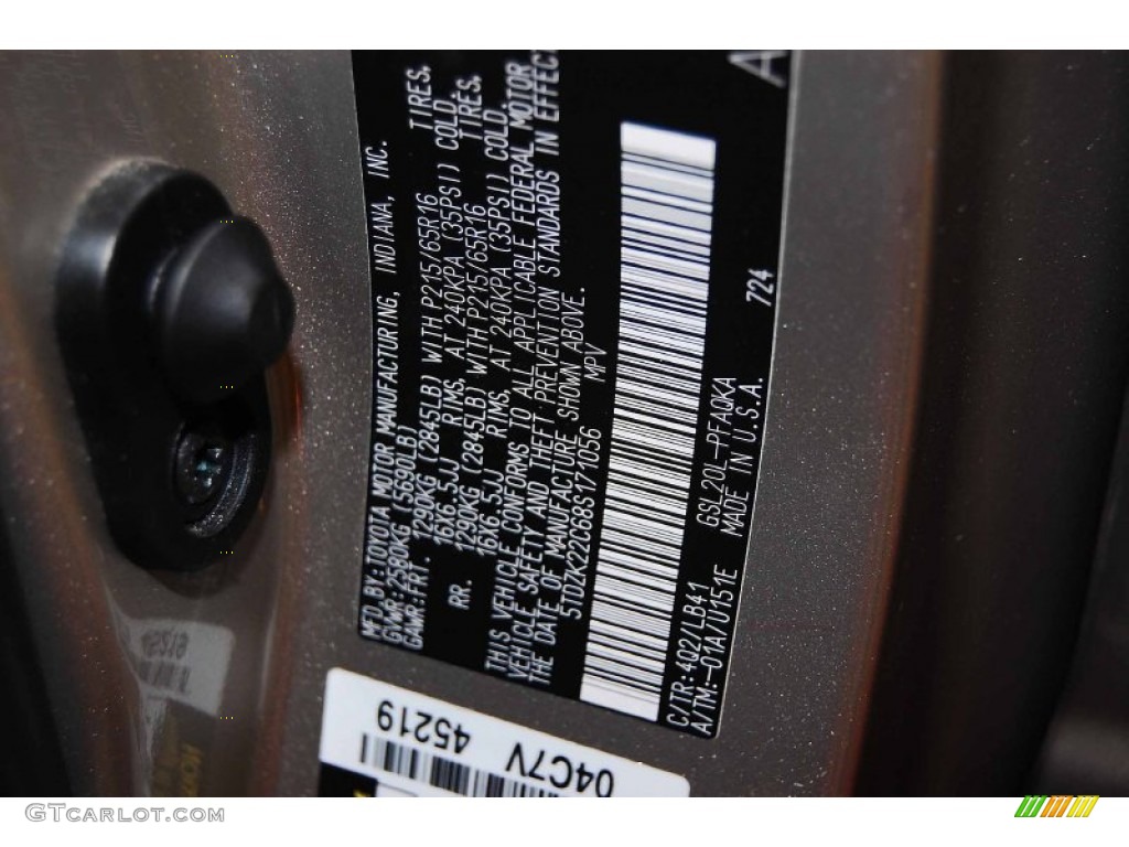 2008 Toyota Sienna XLE Color Code Photos