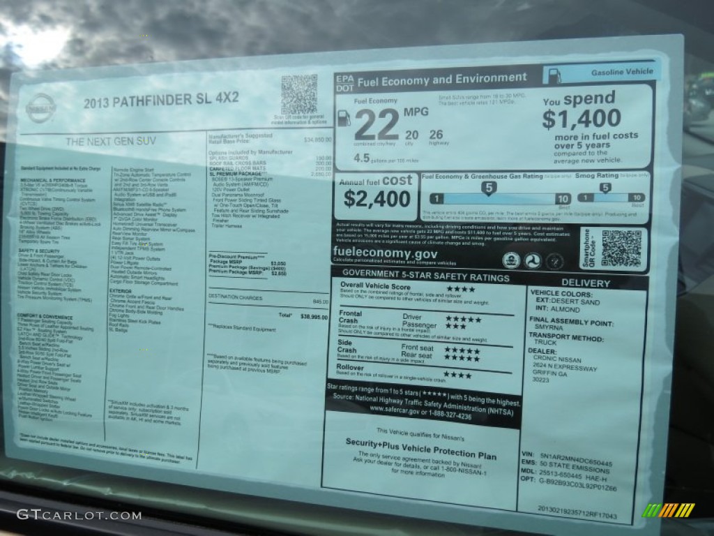 2013 Nissan Pathfinder SL Window Sticker Photo #77991088